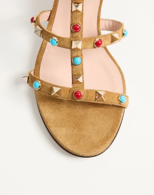 Valentino Garavani - Rockstud Slide Sandal In Suede With Cabochon Stones 60mm - Havana Beige - Woman - Sandals